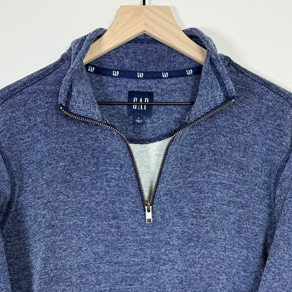 GAP Mens Quarter Zip Pullover Large Blue Marled Knit Mock Neck Casual Classic - Picture 2 of 7